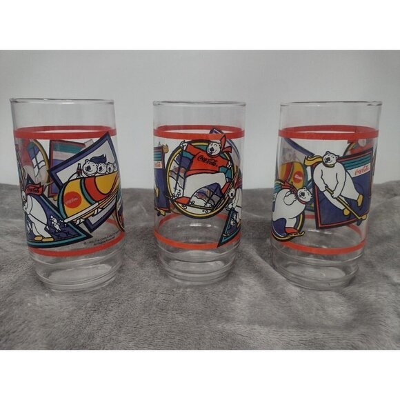 Coca-Cola Coke Polar Bear Glasses Tumbler Vintage Winter Sports 1995 3-Piece Set - Picture 1 of 10